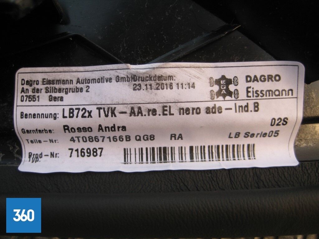 Genuine Lamborghini Huracan RH Door Upholstery Leather Black 4T0867166B
