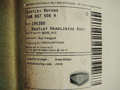 Genuine Bentley Continental GT Leather Roof Headlining Blue Panel 3W8867506H